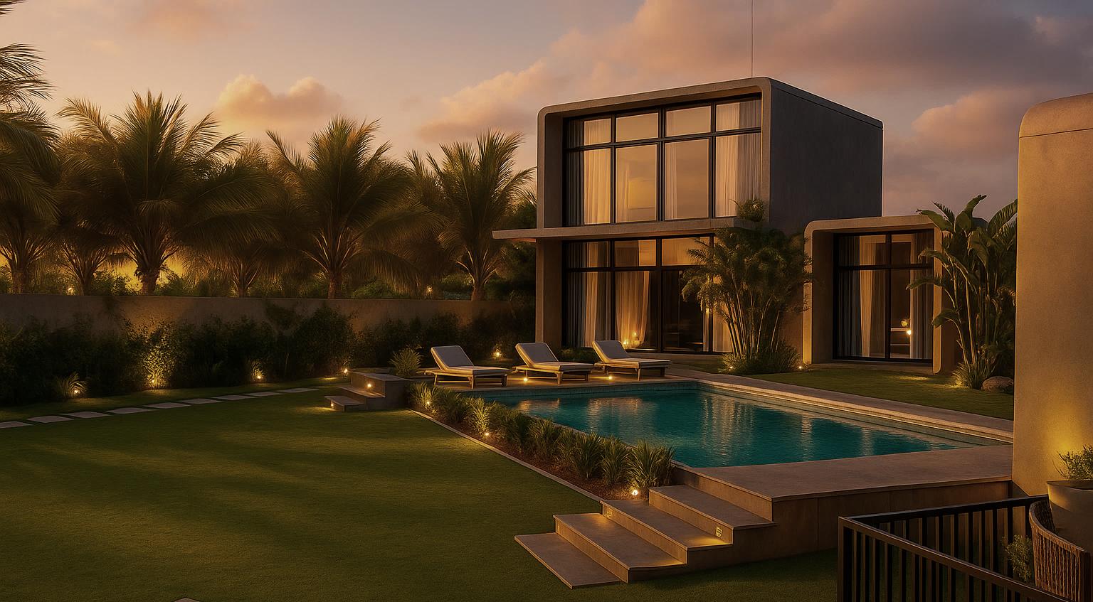 Deck with lawn at sunset