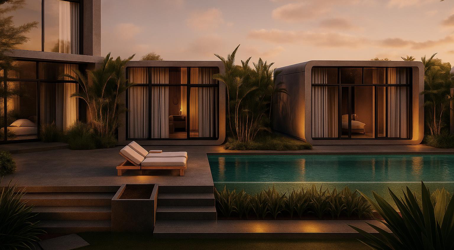 Deck and pool at sunset